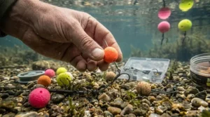 An angler's hand carefully mounting an orange pop-up boilie onto a bait screw attached to a carp hook.