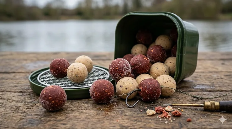 Photorealistic close-up of premium, frosted freezer boilies (krill and nut flavours) spilling onto a wooden surface next to a lake, ready for carp fishing. best freezer boilies