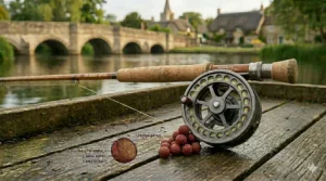A final composition of premium shelf life boilies and fly fishing tackle in natural British morning light, with a blurred backdrop of a stone bridge and village.