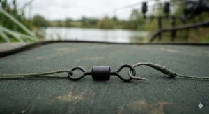 Close-up of a matte black quick-change swivel attached to a braided hooklink loop, demonstrating rapid rig updates on a tackle mat.