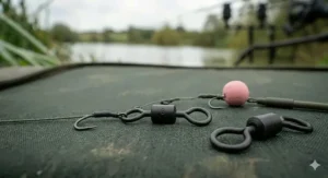 Specialised matte black ring swivels used in a technical Chod rig assembly to provide maximum hookbait movement.