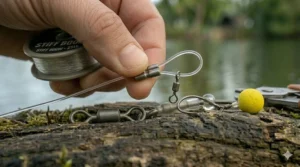An overhead layout of essential UK carp tackle needed for a Ronnie rig setup, including hooks, swivels, and beads.