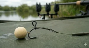 Detailed view of a multi-ring swivel rig for carp, showing the intricate connection between the hook swivel and matte black rig rings.