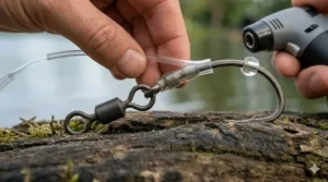Positioning a small length of heat shrink tubing over the eye of the hook and swivel barrel.