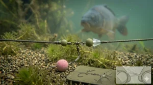 A safety diagram showing the top bead sliding off a helicopter rig setup to ensure the carp can shed the lead in case of a line break.