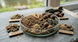 A visual guide categorising the best fishmeal boilies by season, specifically highlighting their performance in spring and summer.