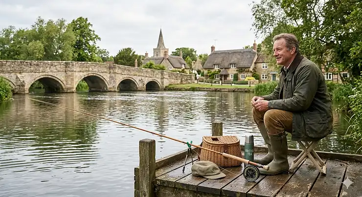 A professional photograph of a British angler in a waxed jacket holding a large mirror carp on a riverbank, featuring a bag of Aqua Baits shelf life boilies. shelf life boilies