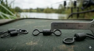 Macro photograph of a standard size 8 rolling swivel with a non-reflective finish, showing the engraved size marking and smooth barrel.