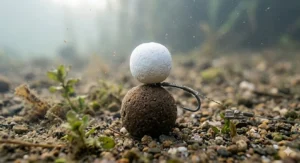 An underwater photograph in clear but slightly diffused natural morning light showing a single dark brown fishmeal bottom bait stacked with a smaller white pop-up boilie above it to form a classic snowman rig on a detailed gravel and silt lake bed.