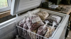Photorealistic close-up view looking down into a frosted, open chest freezer in a British home garage, organised with multiple transparent bags of UK-style reddish-brown and beige freezer boilies, neatly stacked in a metal basket.