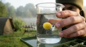 A close-up shot of an angler carefully holding a clear glass vessel filled with water, demonstrating the perfect buoyancy of a yellow pop-up boilie setup on a hair rig in clear water.