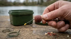 Photorealistic close-up of an angler’s weathered right hand, wearing a silver wedding band, using a traditional wooden-handled baiting needle to carefully thread a single reddish-brown freezer boilie onto a green braided hair rig, resting on a worn wooden tackle bench by a UK carp lake.
