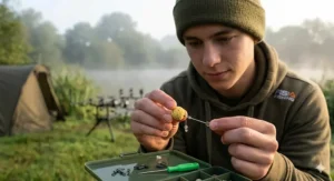 An angler in a green beanie and branded fishing hoodie uses a stainless steel baiting needle to carefully thread a yellow citrus pop-up boilie onto a hair rig.