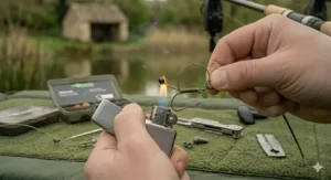 Sliding a small stainless steel rig ring onto the tag end of the hooklink to house the hookbait.