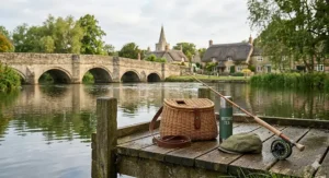 A wicker fishing creel, a green thermos of tea, and a woollen flat cap resting on a weathered wooden jetty by a historic stone bridge and thatched cottages.
