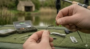 A close-up of the knotless knot being tied on a carp hook to begin forming the D-loop.