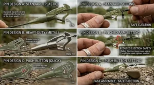 Side-by-side comparison of a heavy-duty lead clip with a metal arm versus a standard plastic lead clip for different fishing conditions.