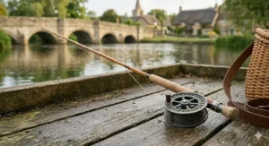 A detailed close-up of a traditional split-cane fishing rod and a gunmetal centerpin reel on a wooden platform, with a soft-focus view of a British village.