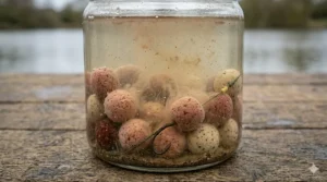 Photorealistic close-up macro view on a British carp lake bank, showing fresh reddish-brown and beige freezer boilies submerged in cloudy, murky lake water within a glass, illustrating the "washed-out" technique to fool wary carp.