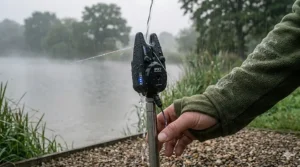 A photorealistic macro photograph of a black bite alarm mounted on a bankstick, completely covered in water droplets during a heavy rain shower by a misty British lake.