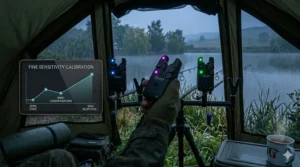 High-visibility multicoloured LED night lights on a wireless bite alarm for night fishing sessions.