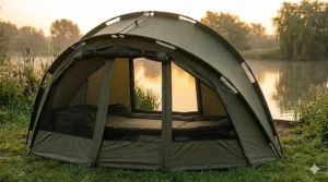 Rear view of a 1 man bivvy showing large mosquito mesh vents for increased airflow during summer sessions.