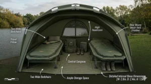 Illustration showing the internal floor plan of a 2 man bivvy with two wide bedchairs and a central gangway.