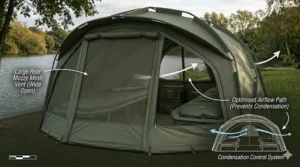 Technical drawing of large rear mozzy mesh vents on a 2 man bivvy to improve airflow during British summer sessions.