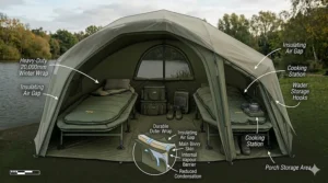 Illustration of a 2 man bivvy with an additional winter wrap fitted to reduce condensation and increase warmth.