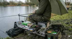 Standard fifty inch green match fishing umbrella set up behind a seatbox on a commercial fishery peg