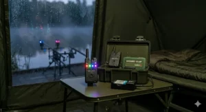 Alt text for image 9: A reliable and affordable bite alarm receiver placed inside a green tackle box alongside basic banksticks.