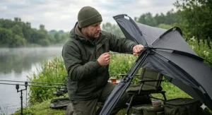 A heavy duty fishing brolly system with a zip in front panel and groundsheet, pitched for an overnight carp fishing session.