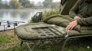 Close-up diagram of a high-density foam mattress with ergonomic lumbar support on a standard carp bedchair.