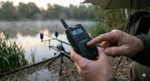 Alt text for image 5: A modern wireless bite alarm receiver synced to four rod setups on a buzzer bar overlooking a tranquil swim.