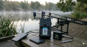 Alt text for image 7: A bite alarm receiver attached to a neck lanyard and standing upright on a bedside table inside a fishing bivvy.