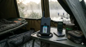 Alt text for image 8: Glowing high-visibility LEDs on a bite alarm receiver during a night fishing session on a UK carp lake.