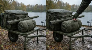 A compact, olive green rolled-up bivvy overwrap secured with straps, sitting on a single-wheel fishing barrow alongside a large carryall and rod holdall on a wet lakeside swim.