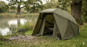 A carp fishing brolly system fitted with a winter overwrap extension creating extra porch space for cold weather angling.