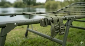 An olive green carp fishing bedchair perfectly positioned against the back wall of a pram-hood style fishing bivvy to maximize internal space.
