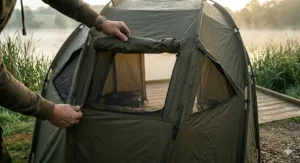 Rear view of a carp bivvy showing large mozzi-mesh vents for airflow during summer sessions.