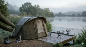 A carp fishing bivvy fitted with a winter overwrap to reduce condensation and retain heat.