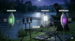 A detailed night-time comparison diagram of carp fishing bobbins showing the difference between a constant green isotope glow and a bright internal LED light source.