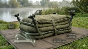 Illustration showing a standard bedchair folded completely flat with a retention strap for easy transport on a fishing barrow.