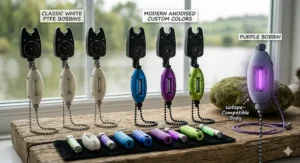 A photorealistic studio display showcasing customised carp fishing bobbins in classic white PTFE and various modern anodised colours to suit different bite alarm setups.