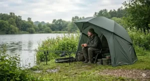 An open fronted fishing brolly offering shelter to a specimen angler on a lush British riverbank during a day session.