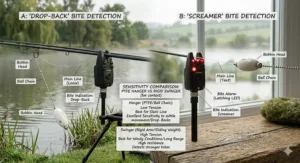 A comparative illustration showing a carp fishing bobbin detecting a 'drop-back' bite versus a 'screamer' take, with detailed text explaining indicator sensitivity.