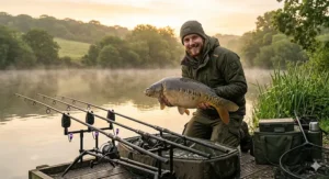 A dynamic action shot showing a budget bite alarm flashing red as a carp rod arches over a misty UK lake during a powerful take at sunrise.