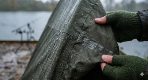 A close-up view of an angler wearing green fingerless gloves inspecting the taped seams and water-beading fabric of a high hydrostatic head waterproof bivvy overwrap.