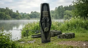 A lightweight fishing brolly packed down into its protective sleeve and stored neatly inside a carp fishing rod quiver.