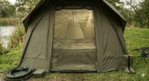 Rear view of an olive green brolly system showing unzipped rear ventilation windows with protective mesh panels for summer carp fishing.